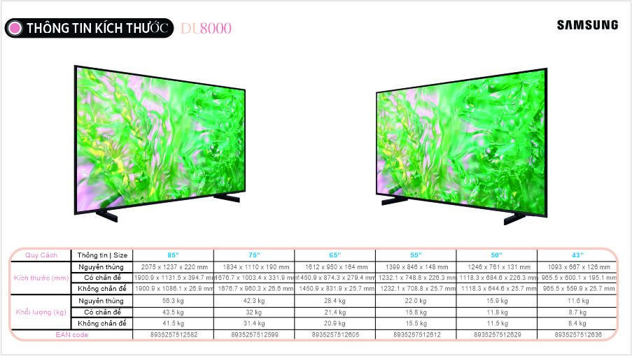 TV Samsung 65-inch DU8000 - 4K, chip Crystal 4K, Dynamic Crystal Color, AirSlim 27mm ( Model 2024 - NEW)