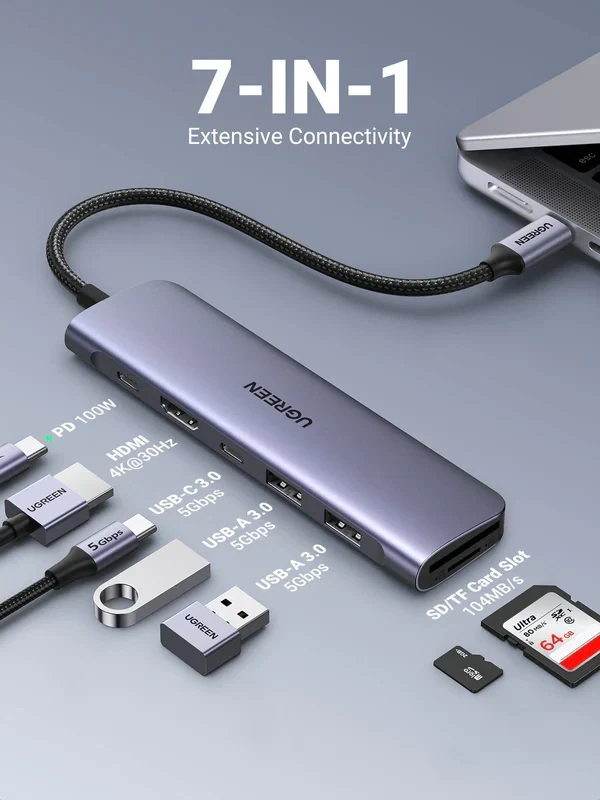 Hub chuyển đổi Type-C 7 cổng Ugreen 15214, 2xUSB-A 3.0 +USB-C+HDMI 4K@30Hz + PD 100W