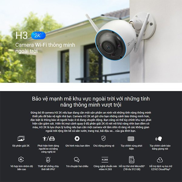 Camera WiFi thông minh ngoài trời EZVIZ H3 2K